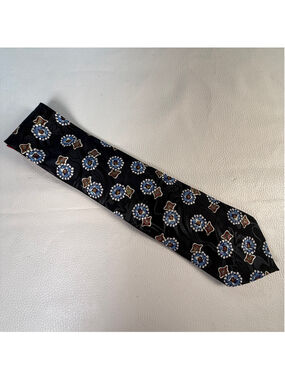 Andhurst Mens Tie Made USA Black Blue Floral Geometric Wide Necktie 4 Inch